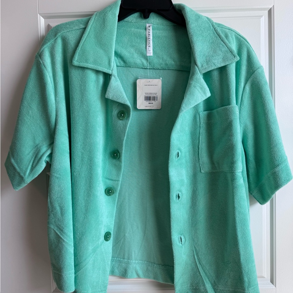 NWT Mint Green Terry Cloth Button-Up Shirt.. can be used for swim cover up shirt